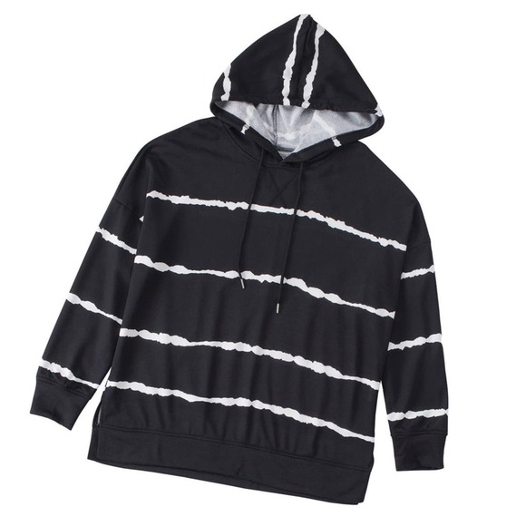 BLACK WHITE TIE DYE STRIPED SOFT DRAWSTRING HOODIE SIZE 2X (18-20) - Picture 1 of 8